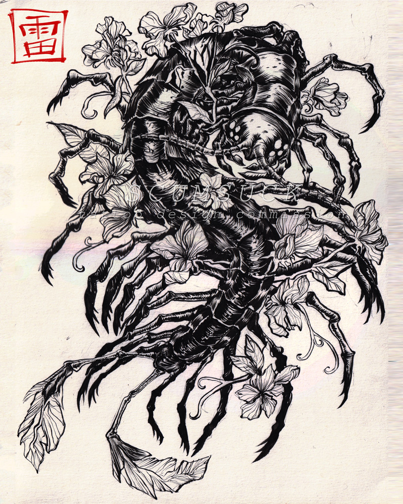ink drawing of a centipede surrounded by flowers